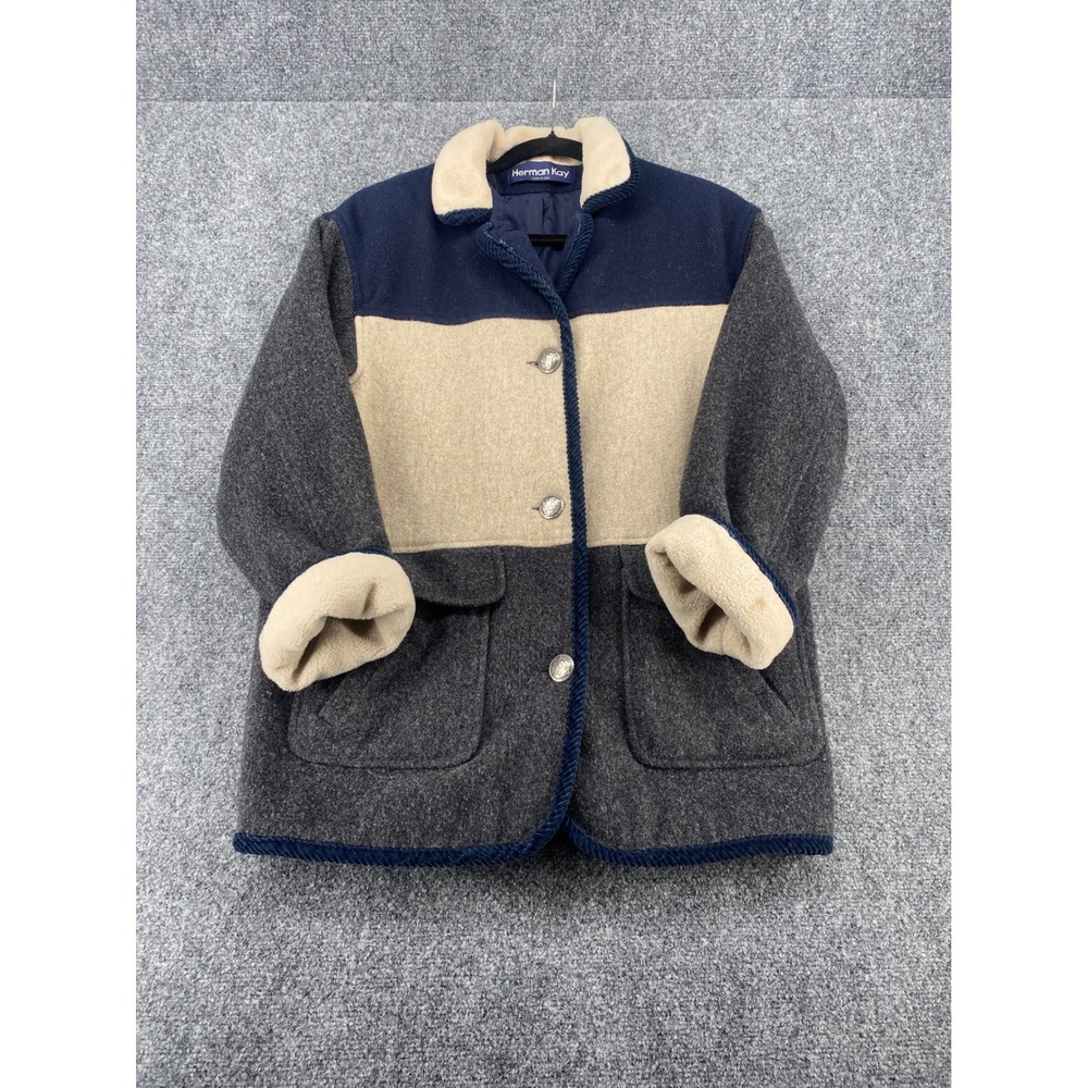 Herman Kay Vintage Colorblock Wool Coat Women L Navy Grey Sherpa Trim USA Made